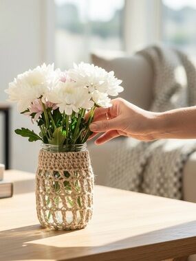 Vase Container Cover Handmade Crochet Gold Boho
